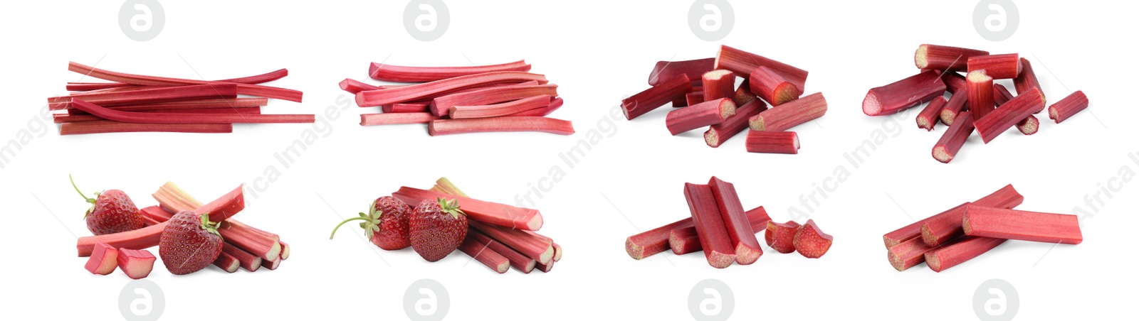 Image of Set with fresh rhubarb stalks isolated on white