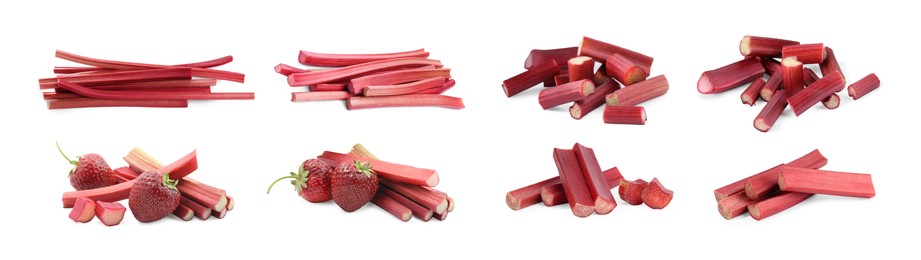 Image of Set with fresh rhubarb stalks isolated on white