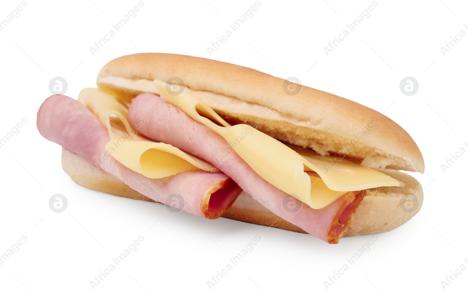 Photo of Delicious sandwich with ham and cheese isolated on white