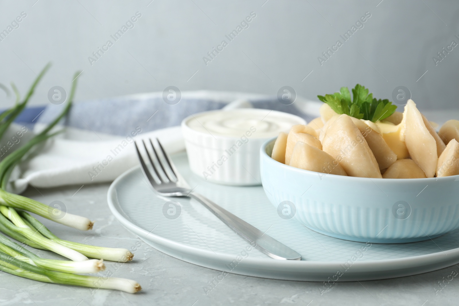 Photo of Delicious cooked dumplings and sour cream on grey marble table