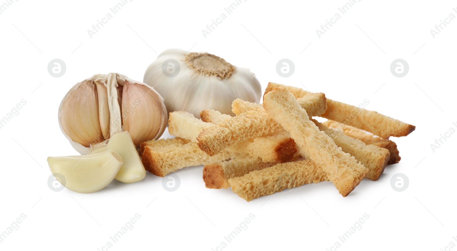 Photo of Pile of delicious hard chucks and garlic on white background