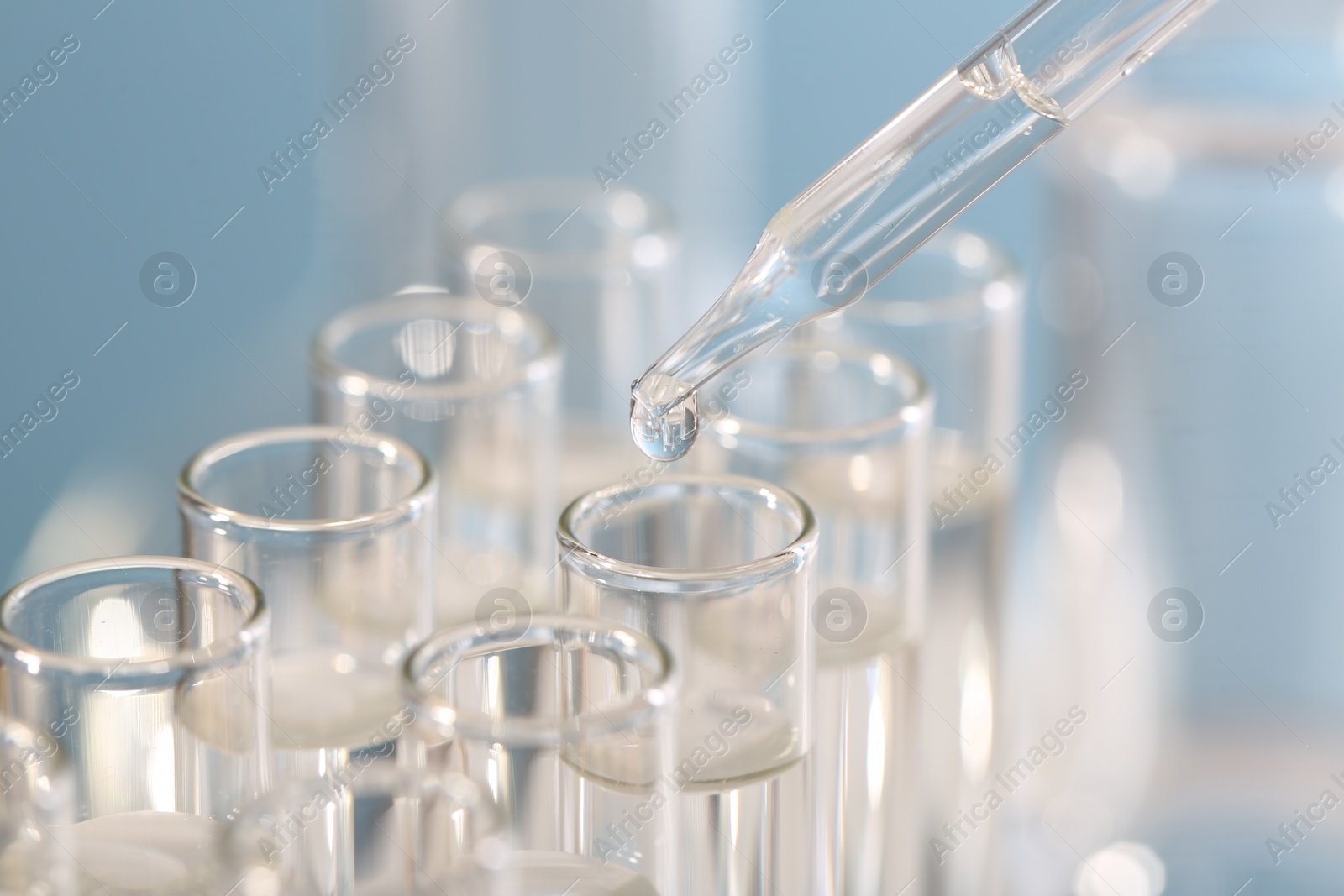 Photo of Laboratory analysis. Dripping liquid from pipette into glass test tube on blurred background, closeup