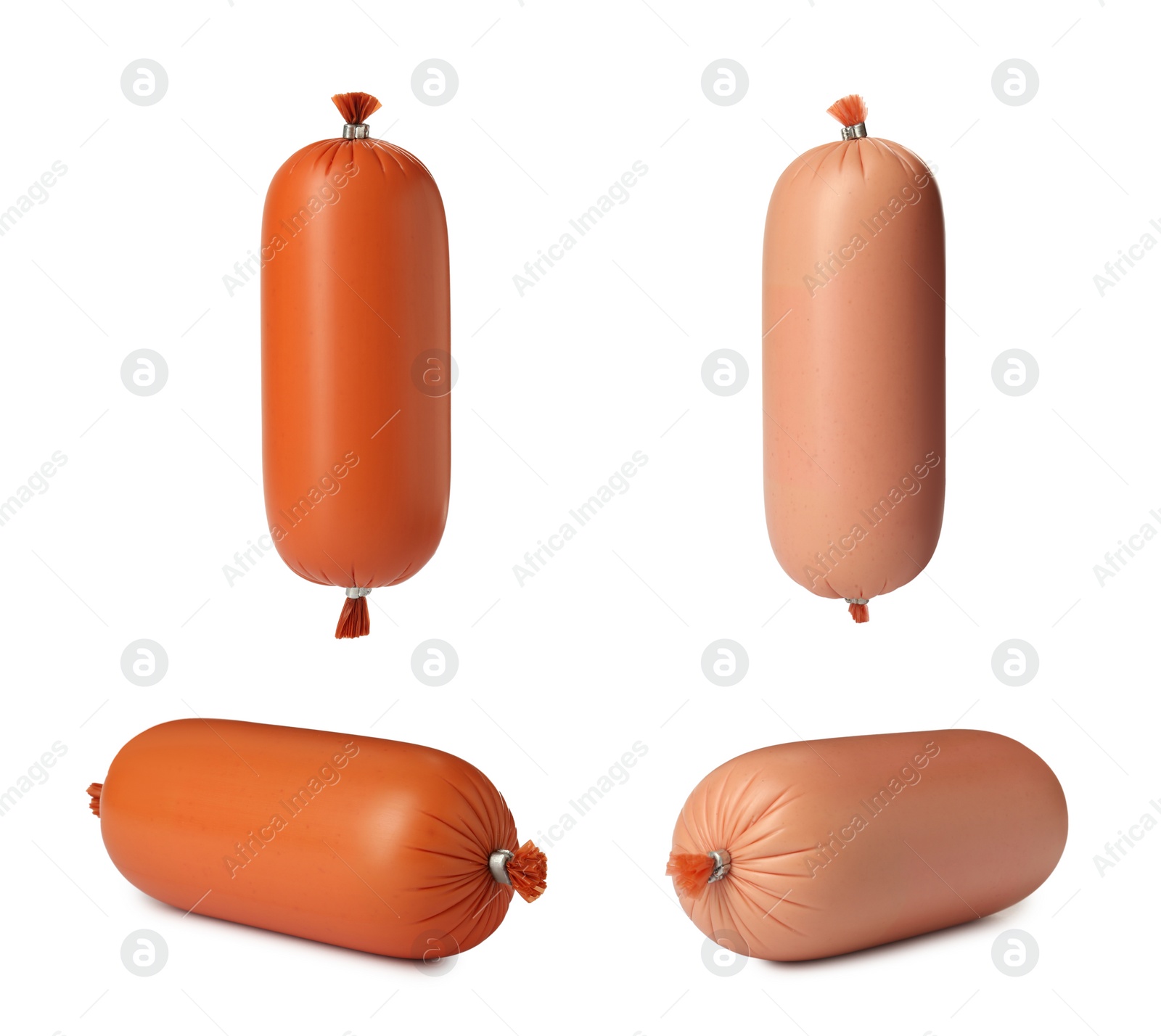 Image of Collage with different delicious sausages on white background, different views