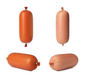 Image of Collage with different delicious sausages on white background, different views