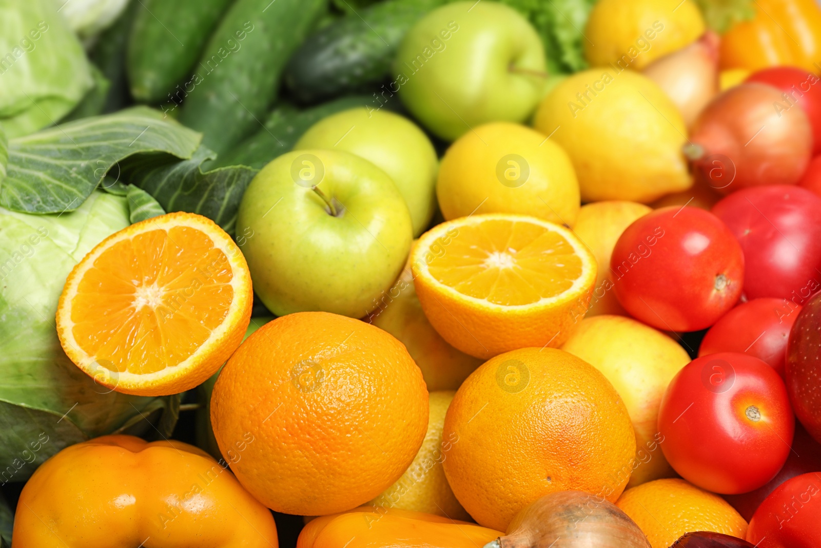 Photo of Colorful ripe fruits and vegetables as background, closeup