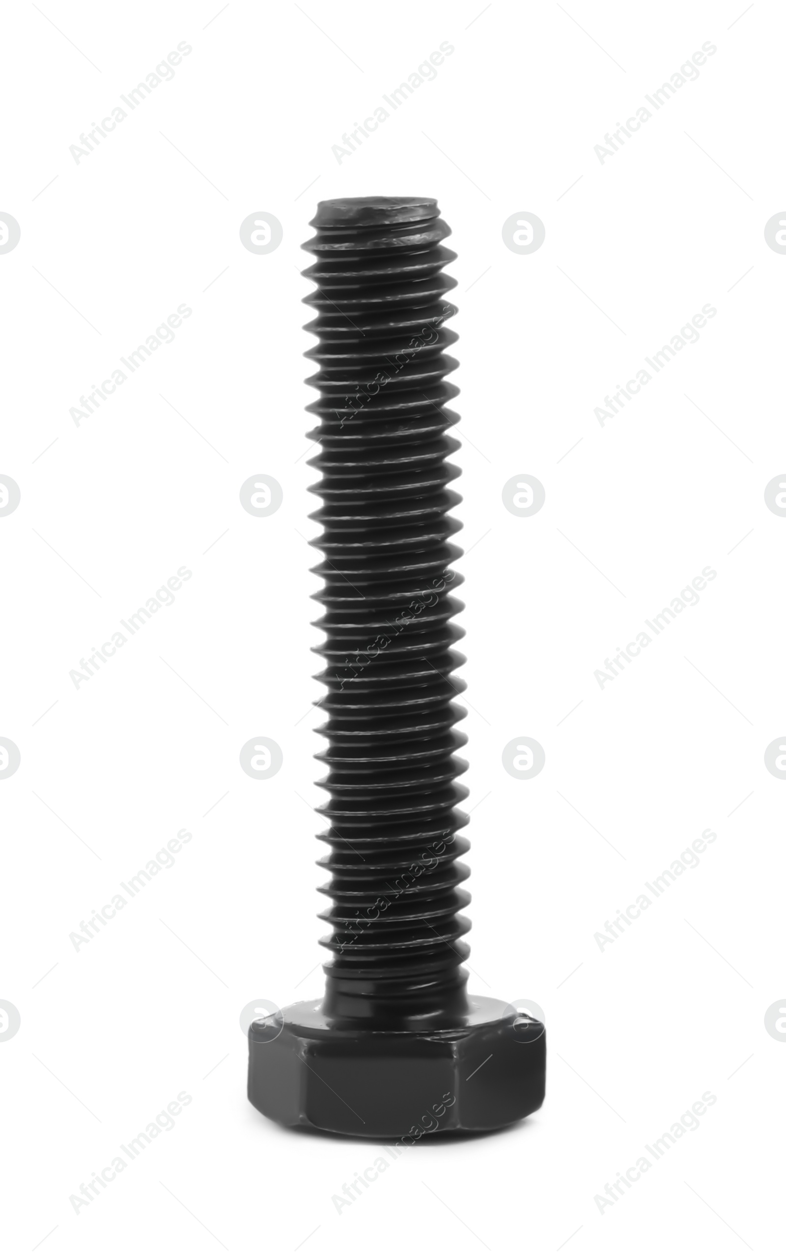 Photo of One black metal hex bolt isolated on white
