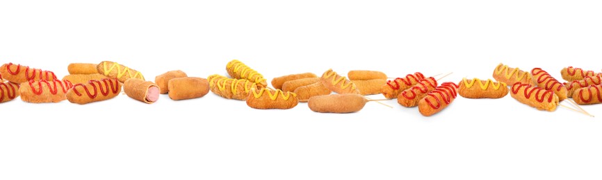 Set with delicious deep fried corn dogs on white background. Banner design 