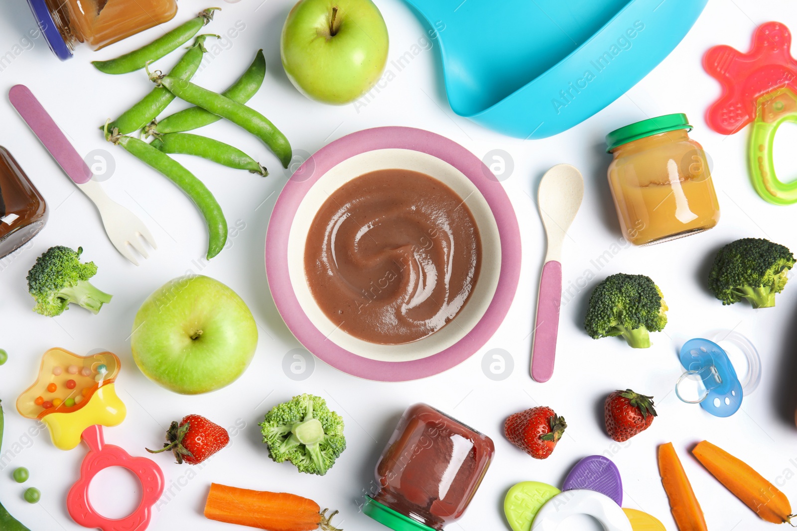 Photo of Flat lay composition with healthy baby food, ingredients and accessories on white background