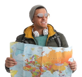 Photo of Man with map on white background. Winter travel