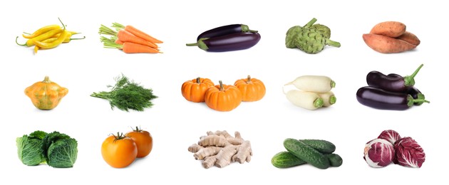 Image of Collage with many fresh vegetables on white background