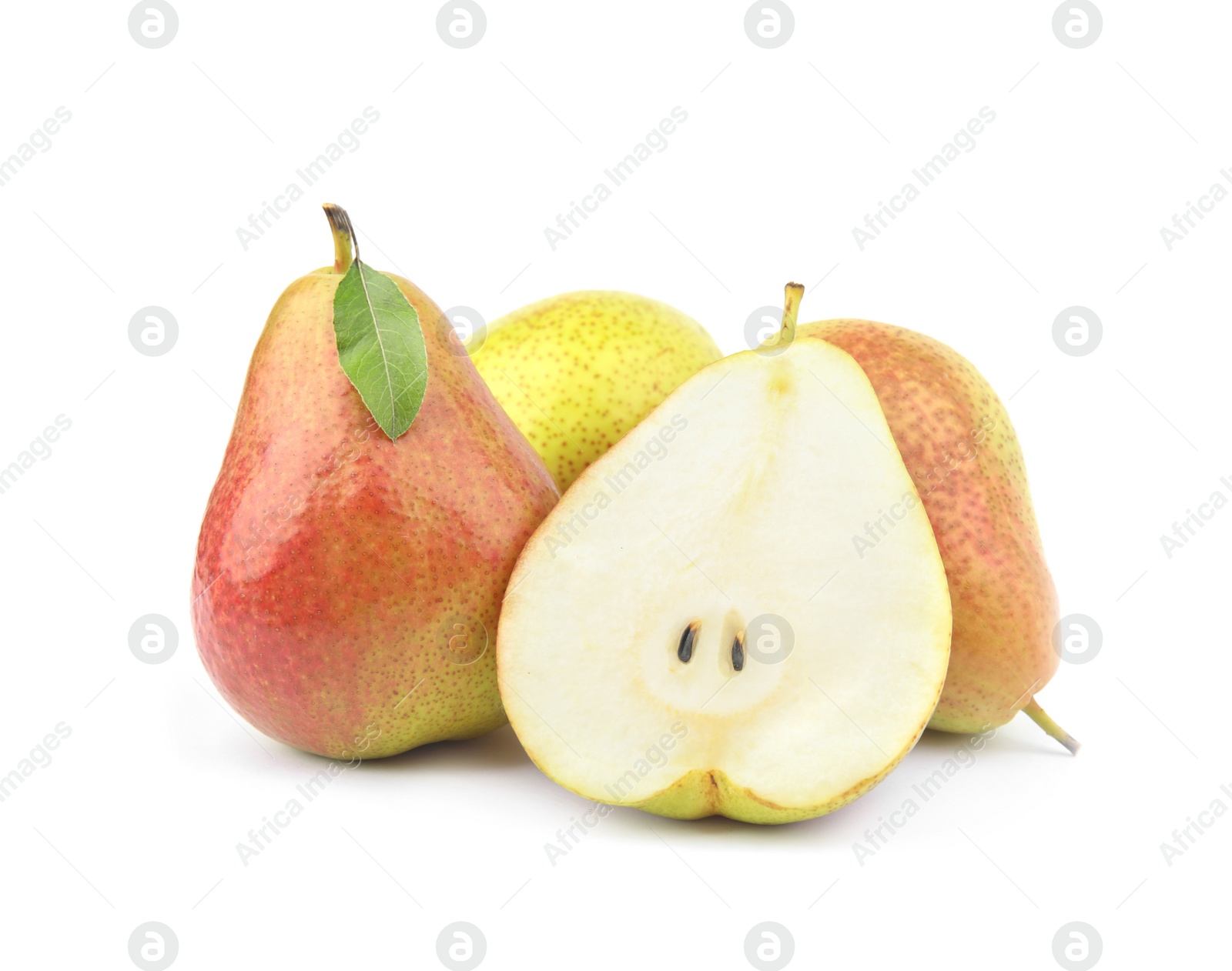 Photo of Heap of ripe juicy pears isolated on white