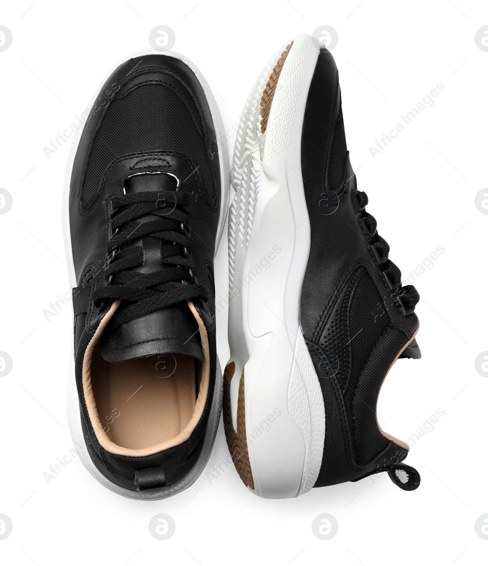 Photo of Pair of stylish shoes on white background, top view