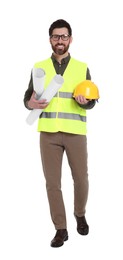 Architect with drafts and hard hat walking on white background