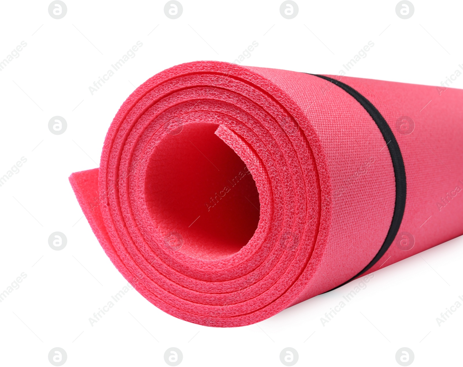 Photo of Rolled camping mat on white background, closeup