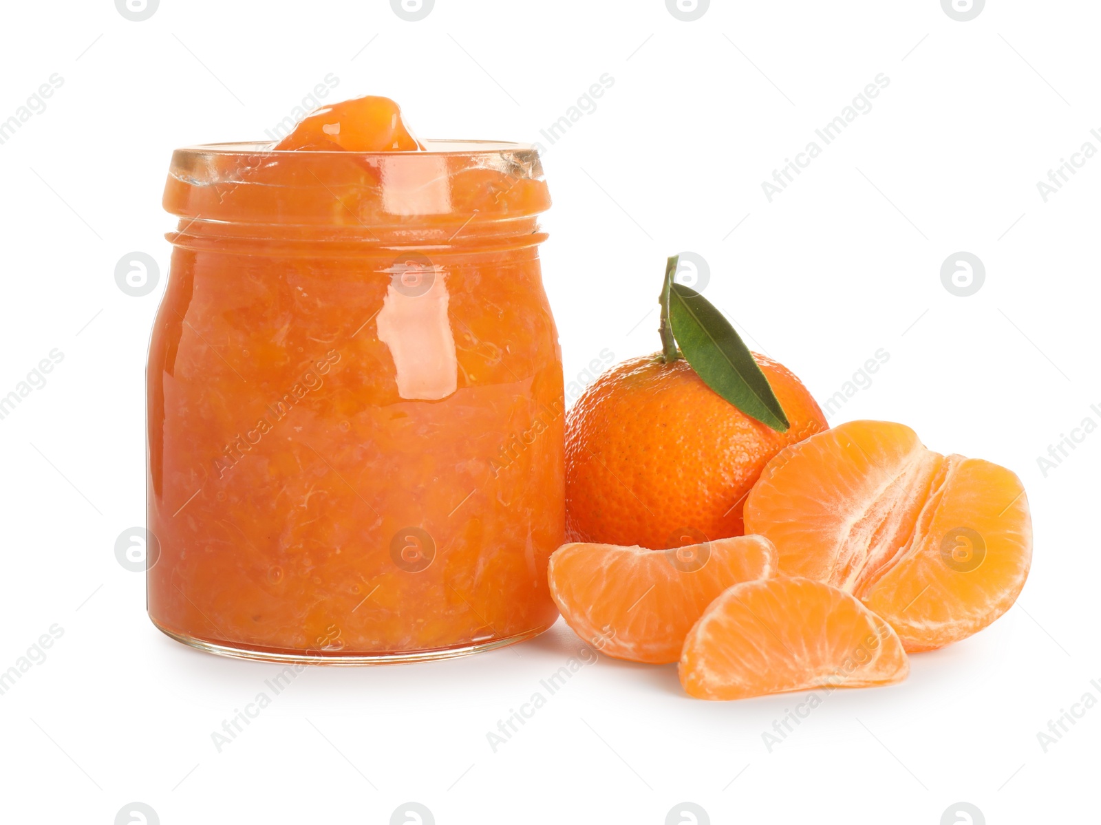 Photo of Jar of tasty jam and fresh tangerines on white background