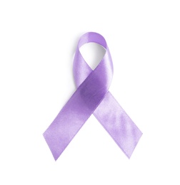 Purple awareness ribbon on white background, top view