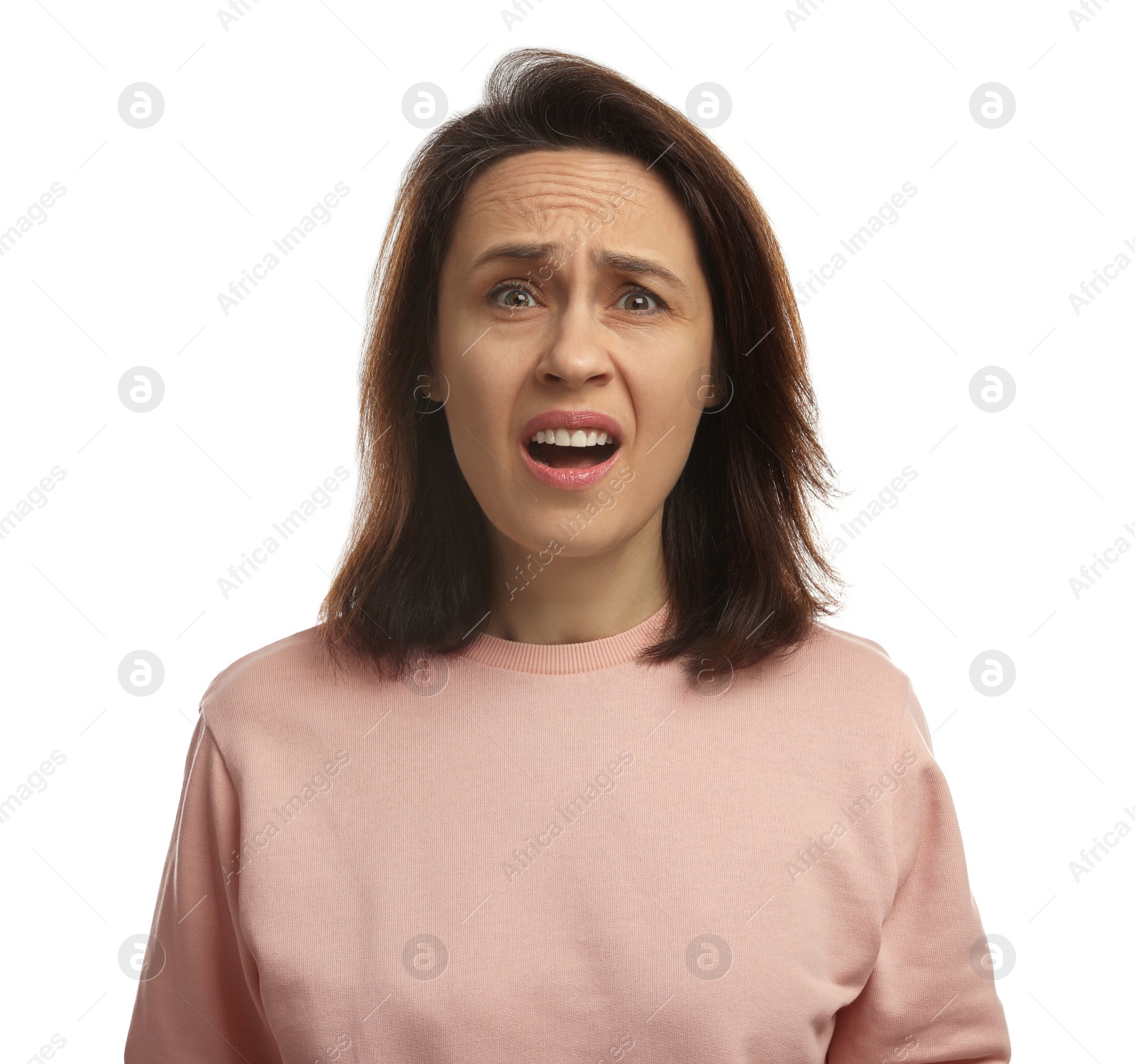 Photo of Mature woman feeling fear on white background