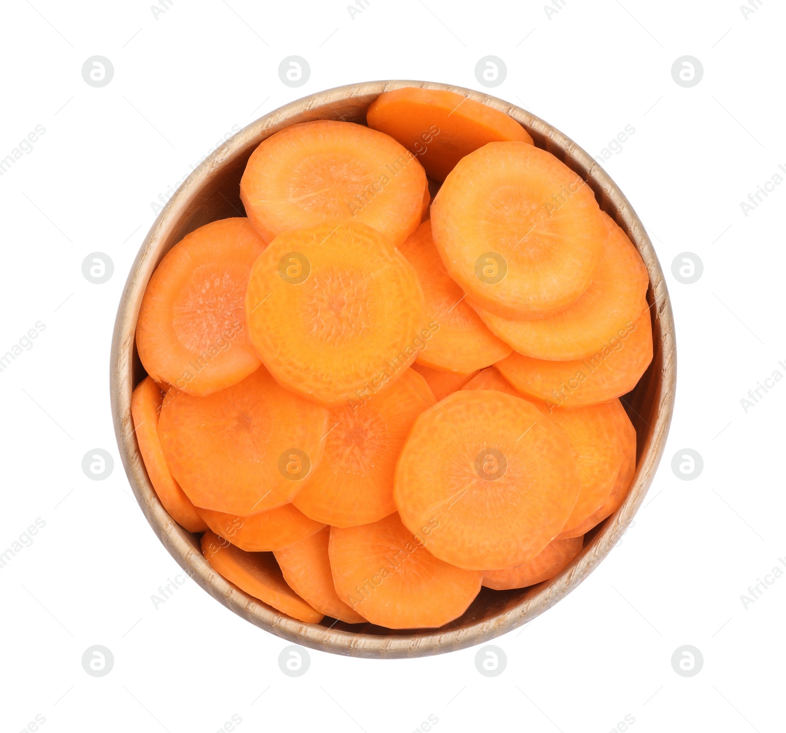 Photo of Bowl with tasty cut carrots isolated on white, top view