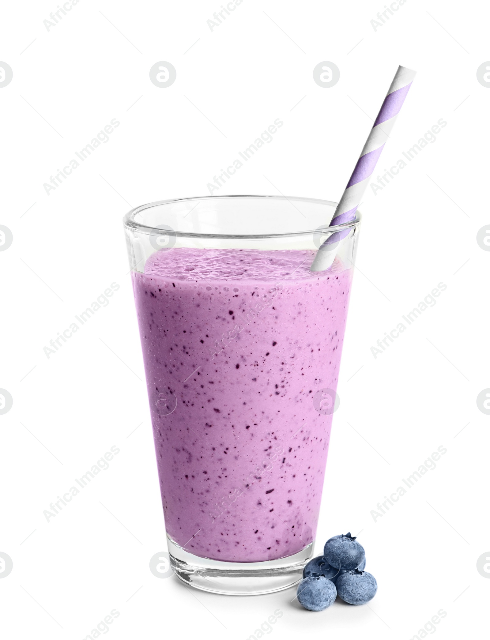 Photo of Tasty blueberry smoothie in glass on white background