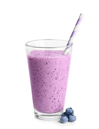 Photo of Tasty blueberry smoothie in glass on white background