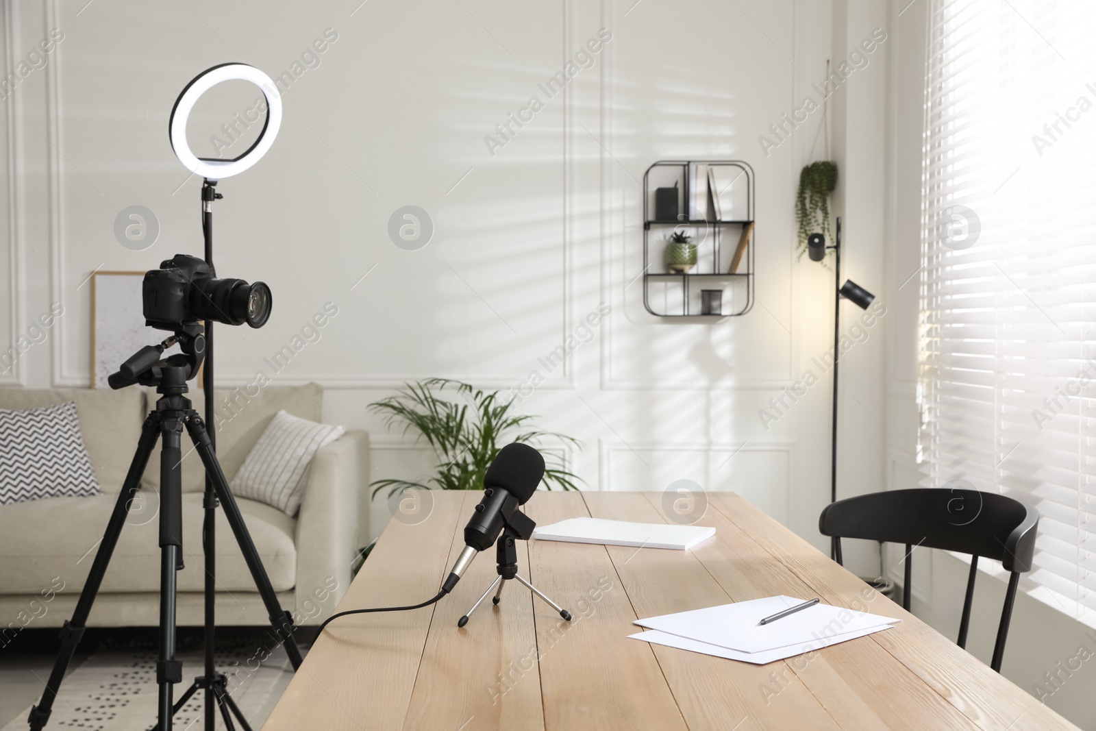 Photo of Ring light, camera and microphone for blogging in room