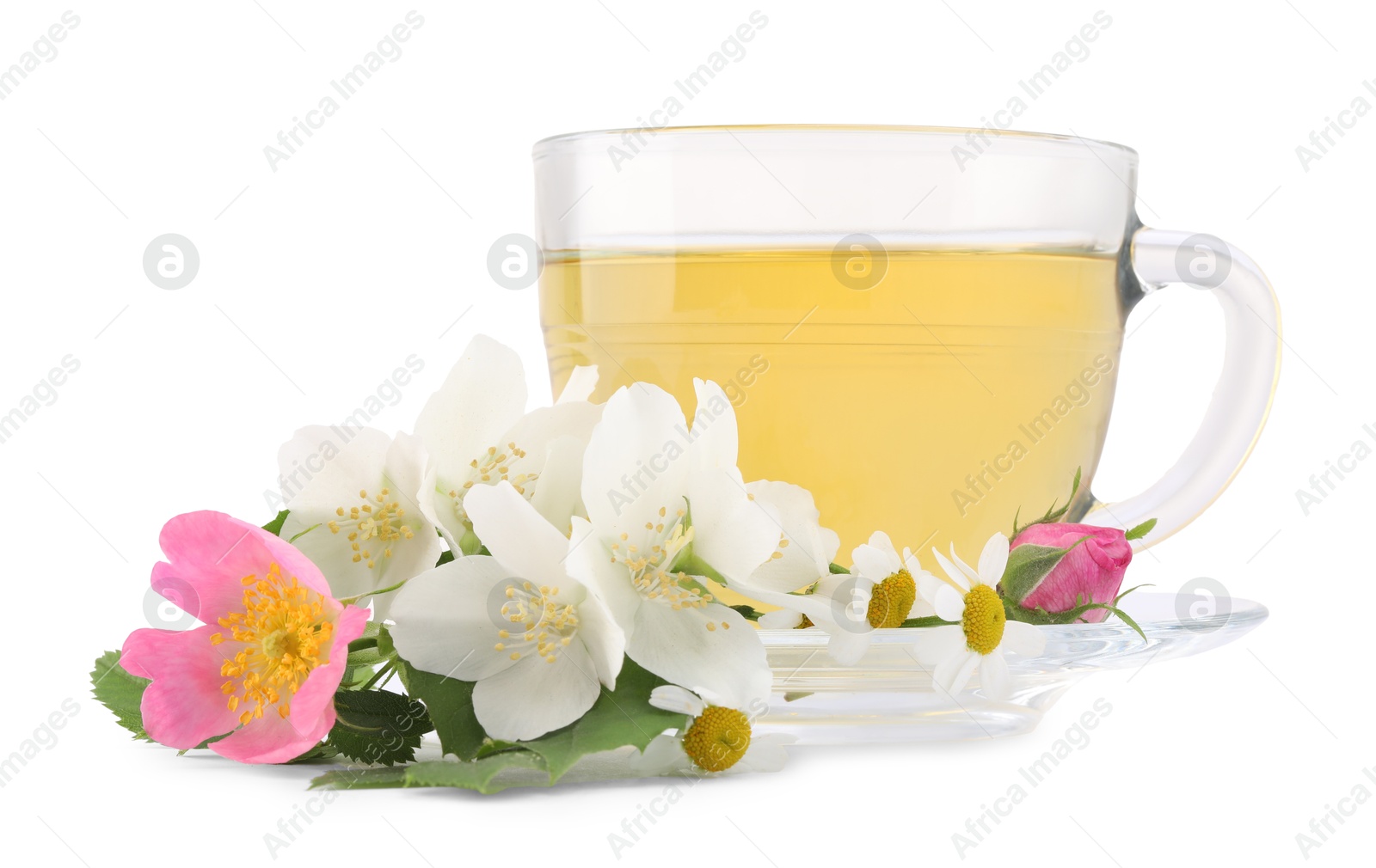 Photo of Aromatic herbal tea in glass cup and flowers isolated on white