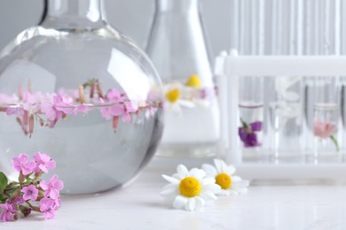 Photo of Laboratory glassware with flowers on white wooden table, closeup. Extracting essential oil for perfumery and cosmetics