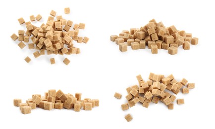 Image of Set with cubes of brown sugar on white background