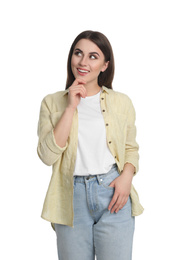 Portrait of happy young woman on white background