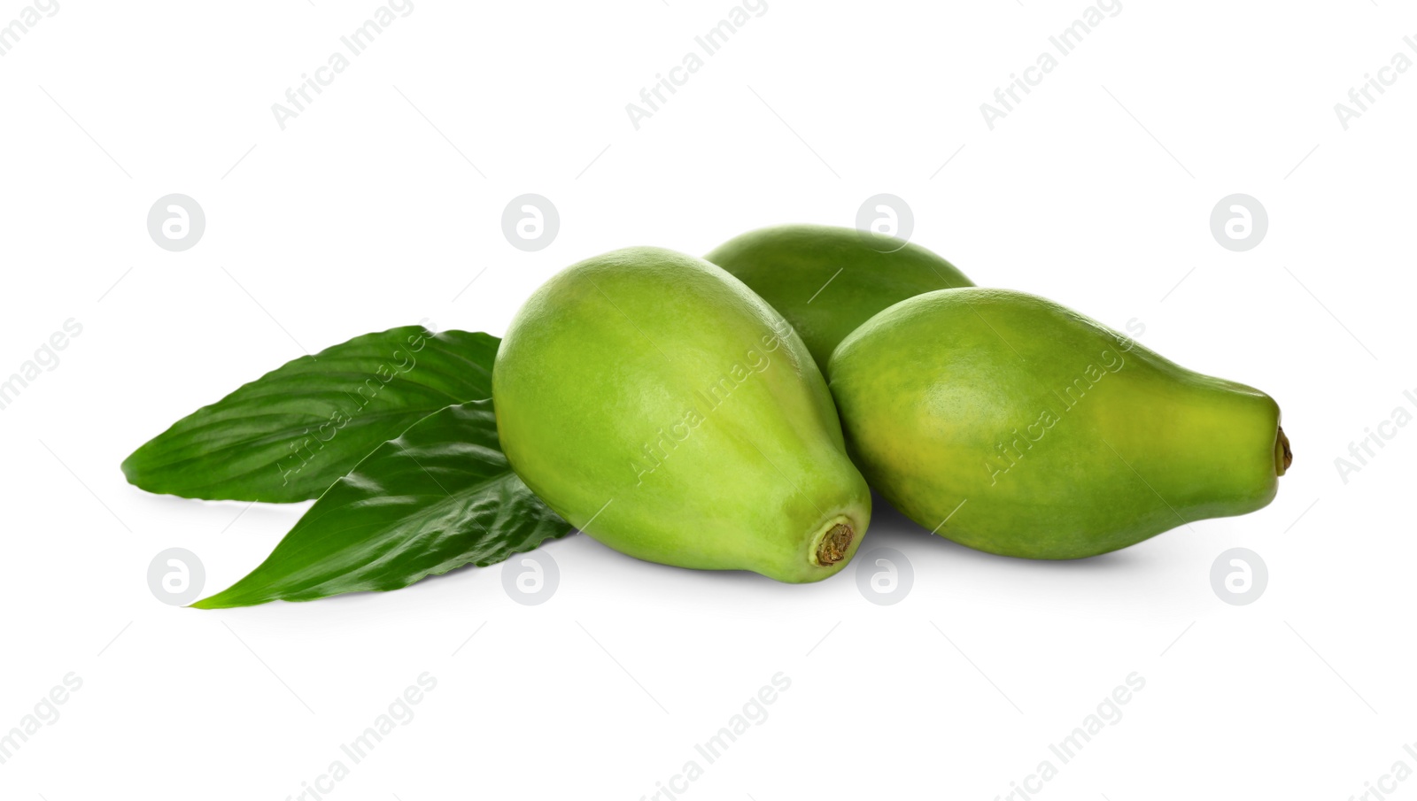 Photo of Fresh ripe papaya fruits with green leaves on white background