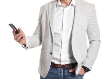 Businessman with smartphone on white background, closeup