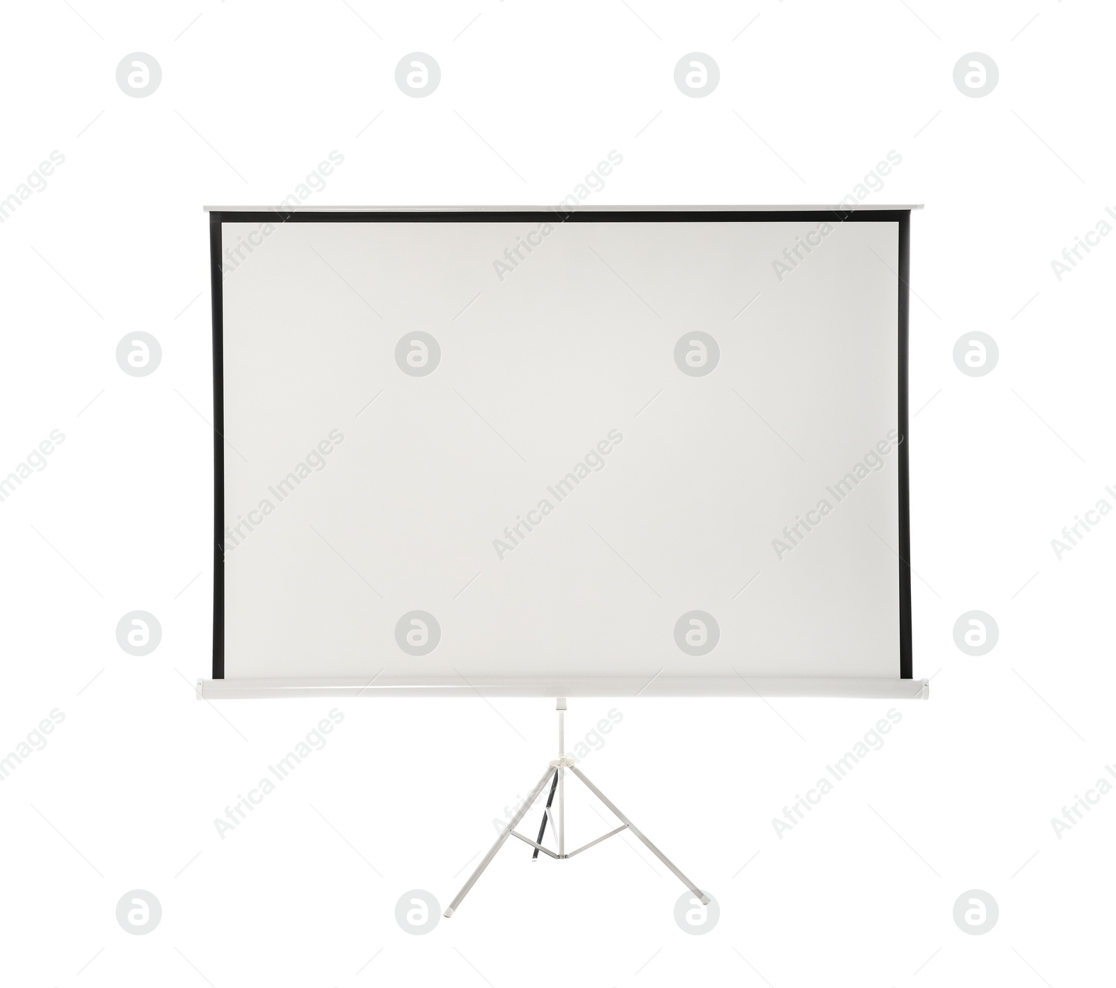 Photo of Tripod with projection screen isolated on white. Space for design