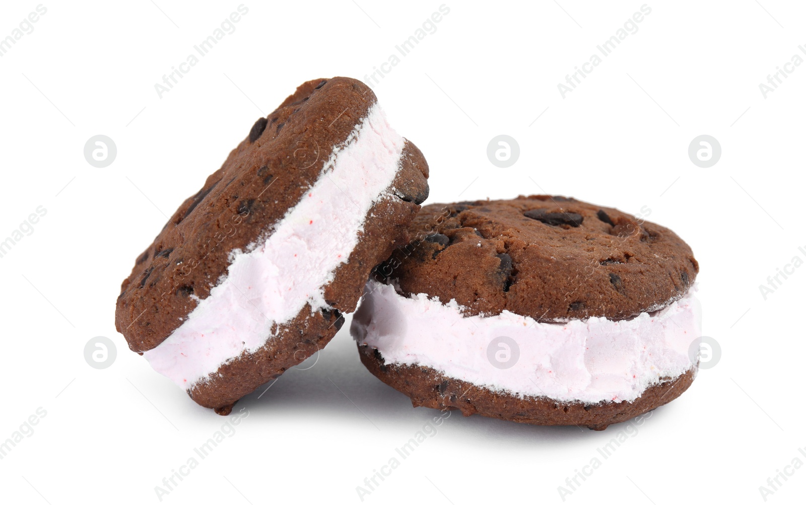 Photo of Sweet delicious ice cream cookie sandwiches on white background