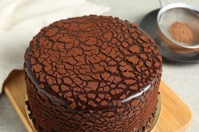Photo of Delicious chocolate truffle cake and cocoa powder on light grey table, closeup