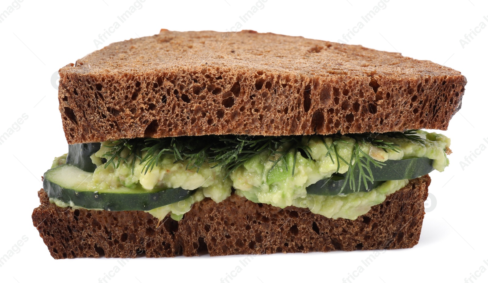 Photo of Tasty sandwich with cucumber, cream cheese and dill isolated on white, closeup