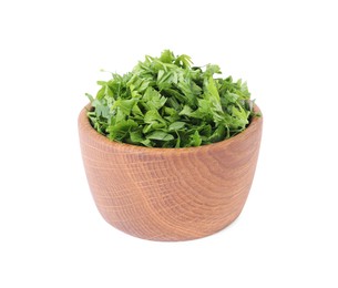 Photo of Chopped parsley leaves in wooden bowl isolated on white