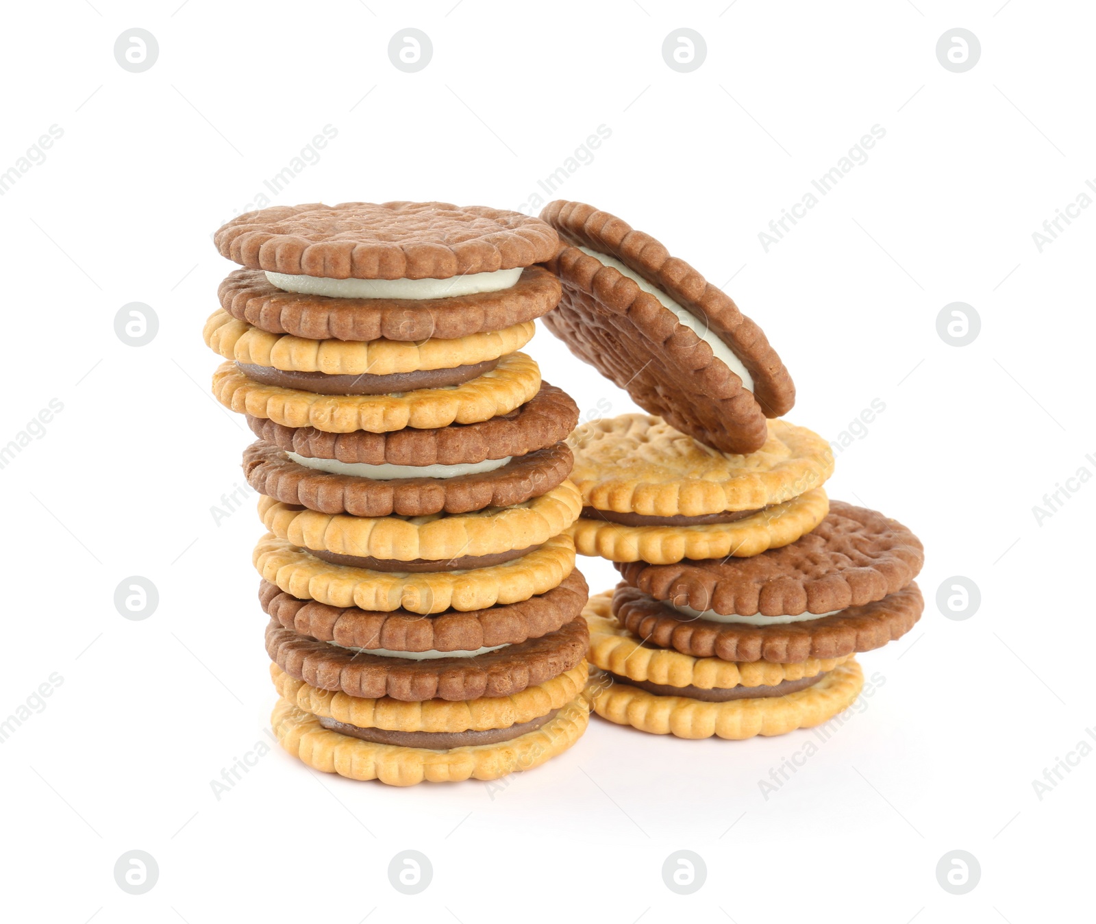 Photo of Different tasty sandwich cookies with cream on white background