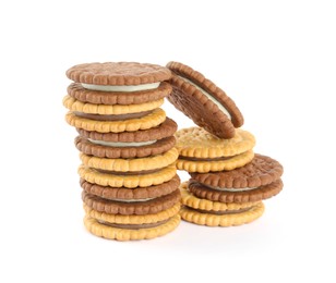 Photo of Different tasty sandwich cookies with cream on white background