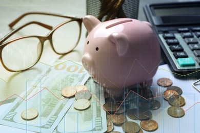 Pink piggy bank and money on table. Illustration of financial graphs