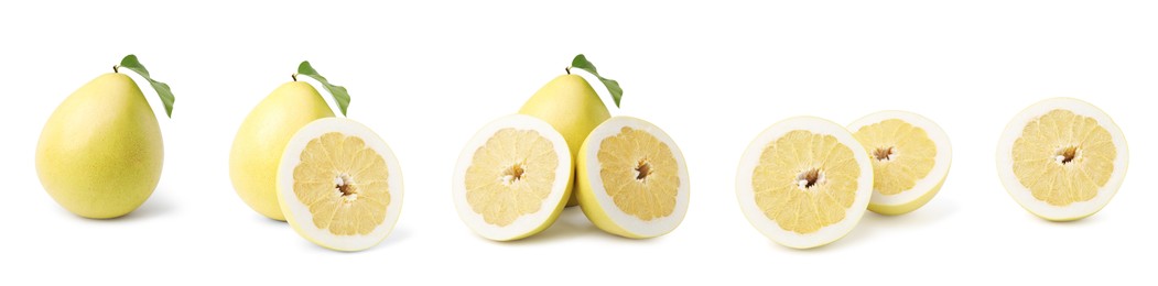 Set of fresh pomelo fruits on white background