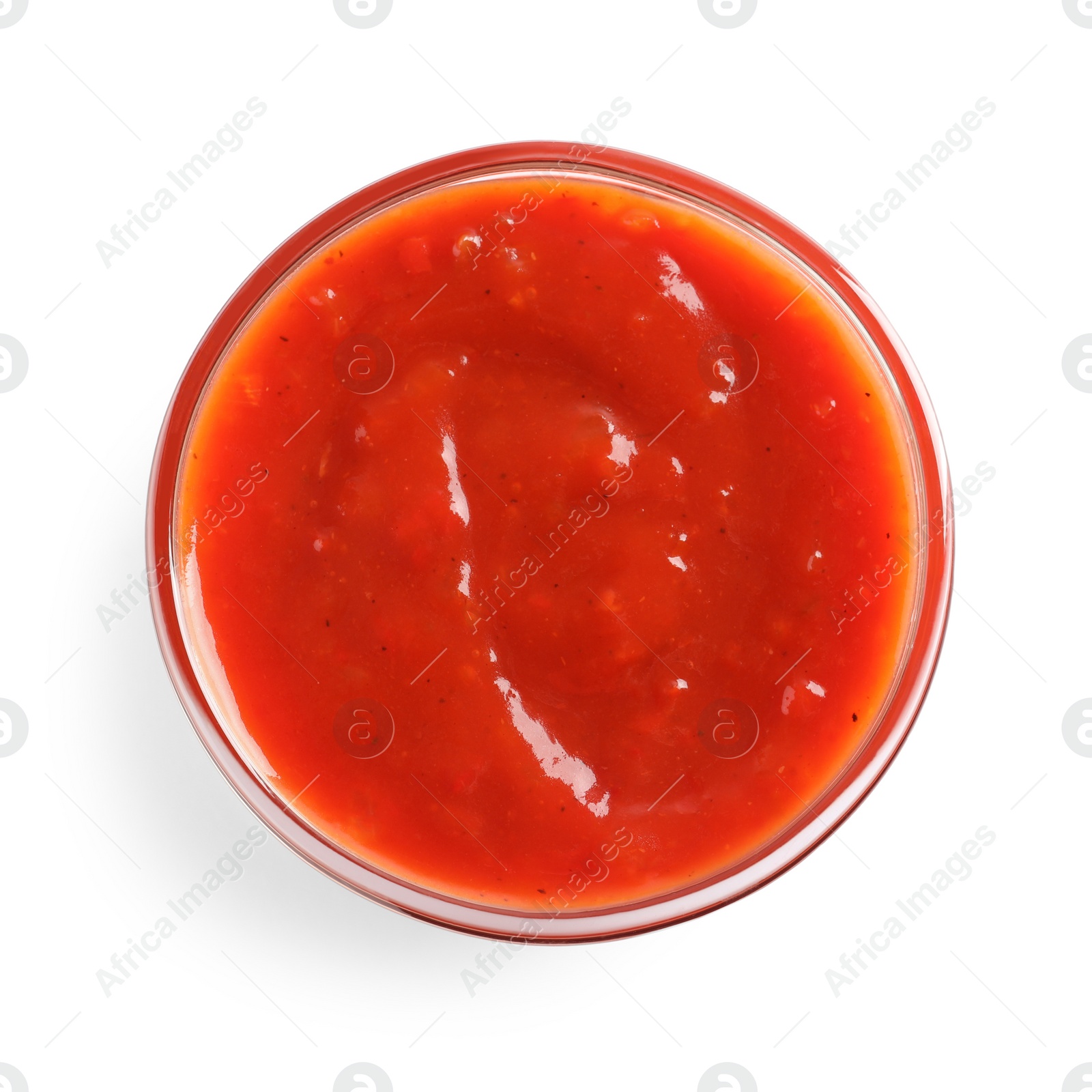 Photo of Delicious tomato sauce in bowl on white background, top view