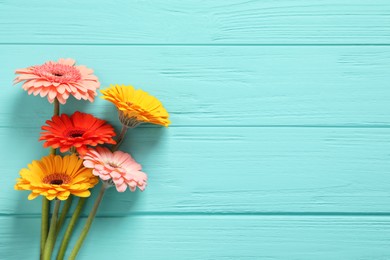 Photo of Beautiful colorful gerbera flowers on turquoise wooden table, flat lay. Space for text