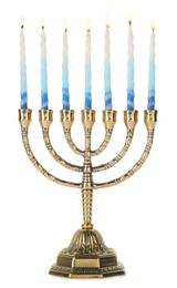 Photo of Menorah with burning candles isolated on white. Hanukkah symbol