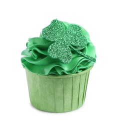 St. Patrick's day party. Tasty cupcake with green clover leaf topper and cream isolated on white