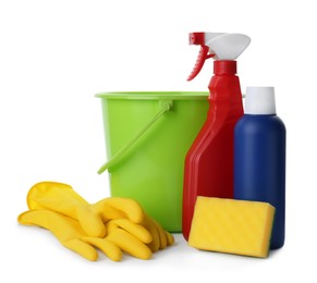 Set of different cleaning supplies on white background