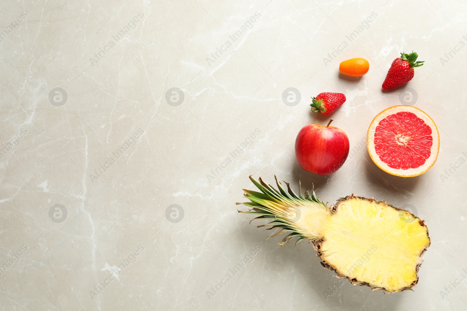 Photo of Flat lay composition with fresh fruits and strawberries on color background