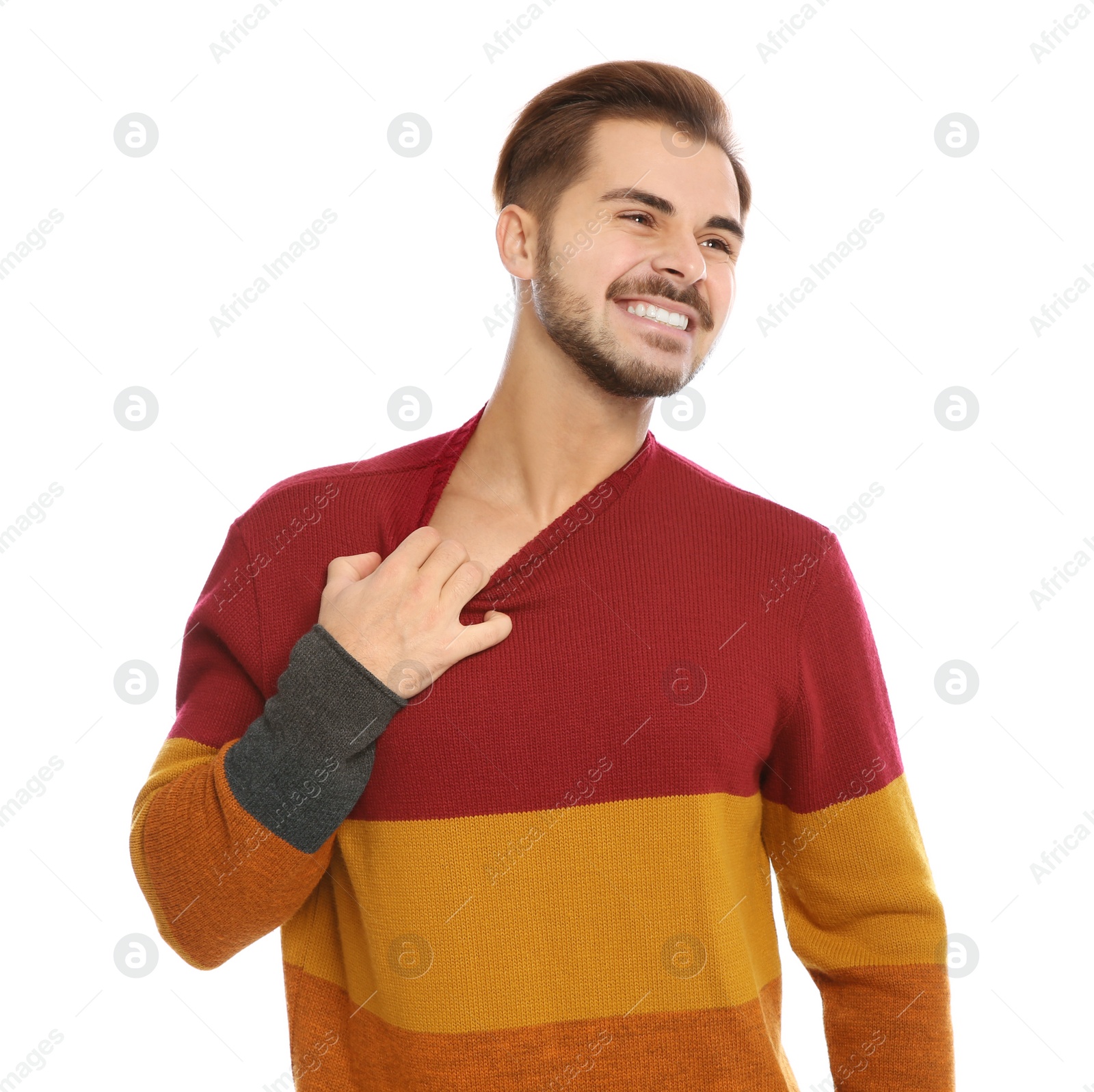 Photo of Young man scratching chest on white background. Annoying itch