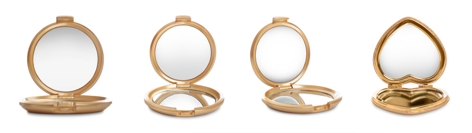 Image of Set of different compact mirrors on white background