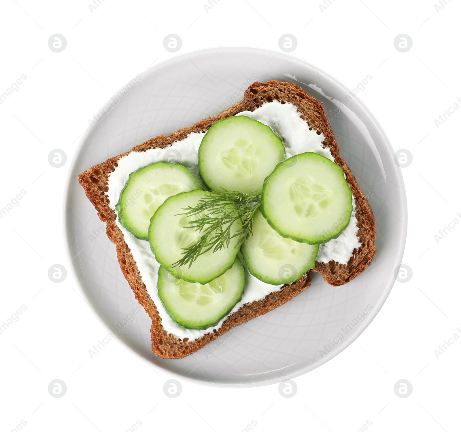 Photo of Plate with cucumber sandwich isolated on white, top view