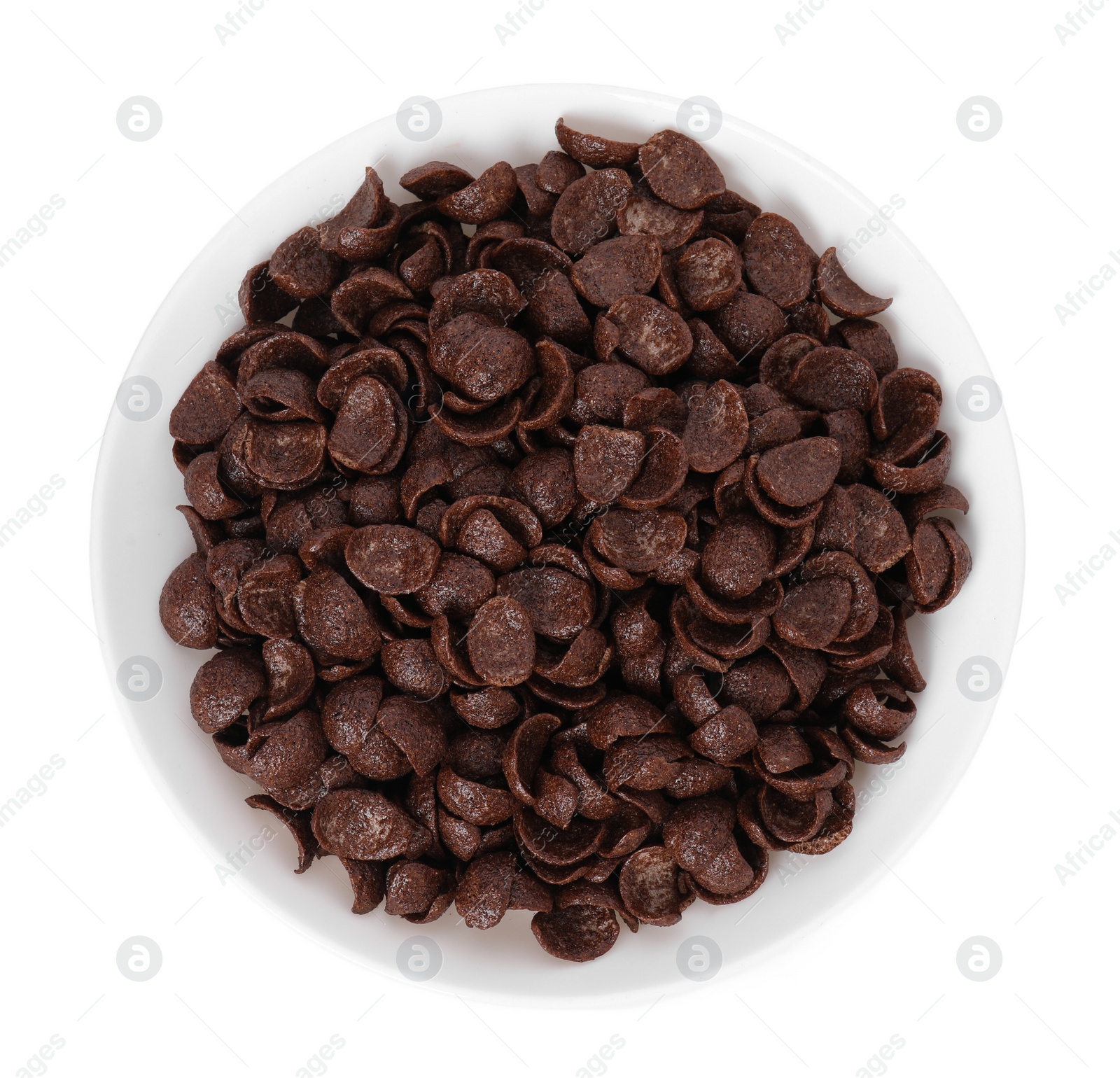 Photo of Breakfast cereal. Chocolate corn flakes in bowl isolated on white, top view